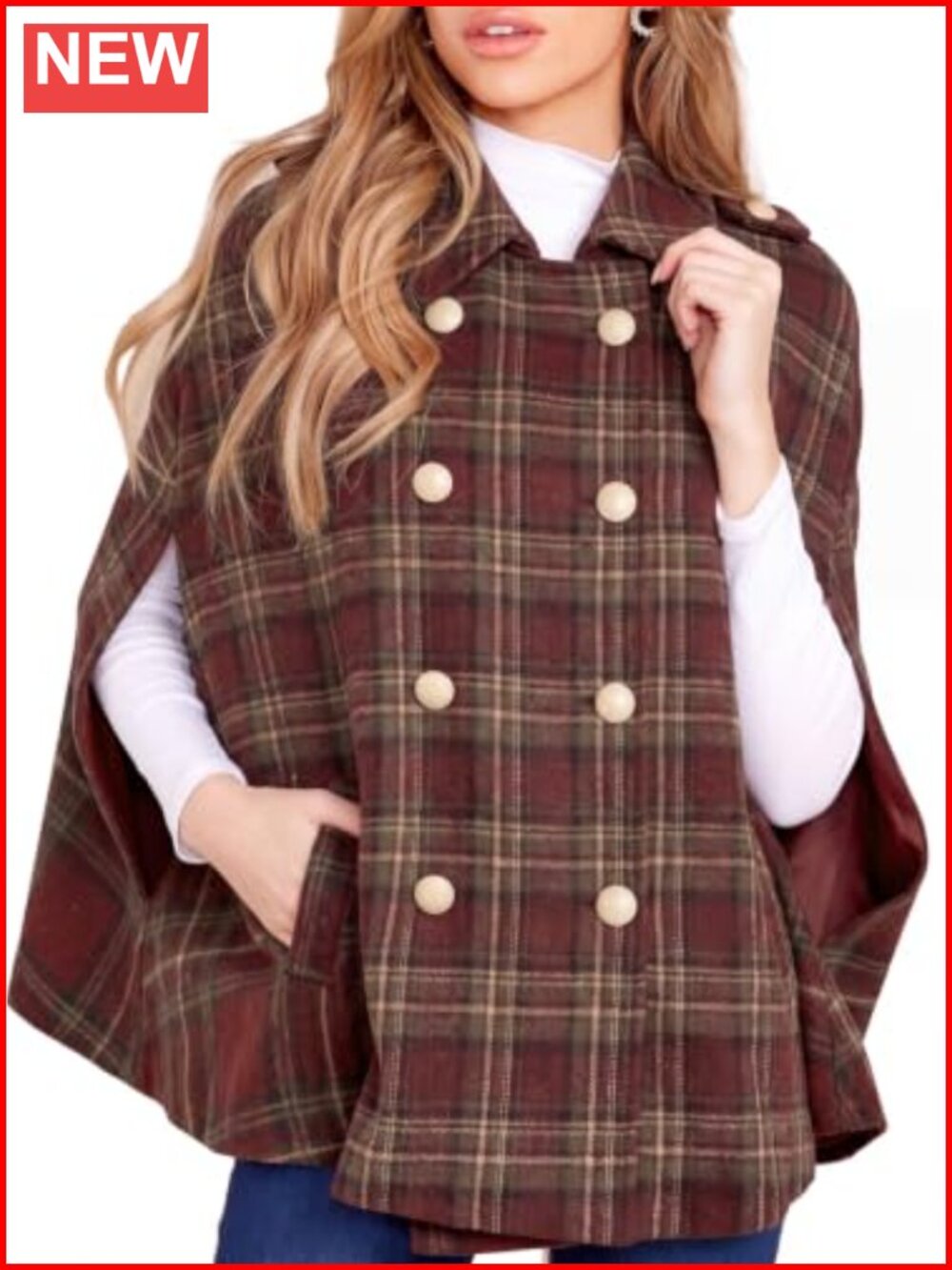 Womens Plaid Double Breasted Winter Cape Coat Poncho Pockets